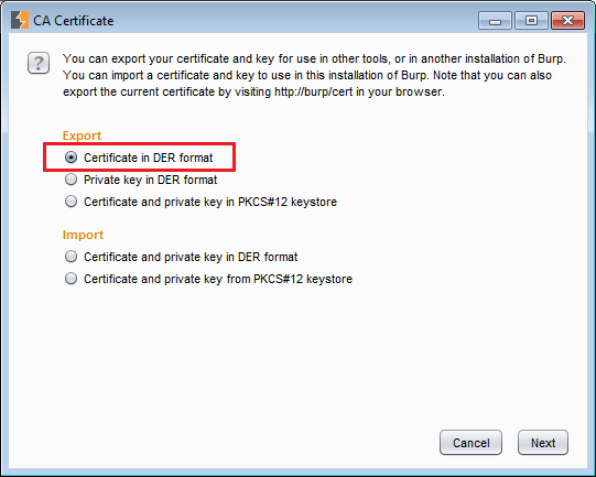 Exporting the certificate in Burp