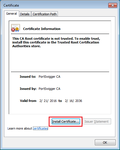 Install certificate button