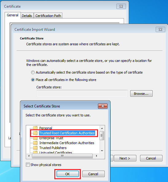 Selecting the root CA certificate store