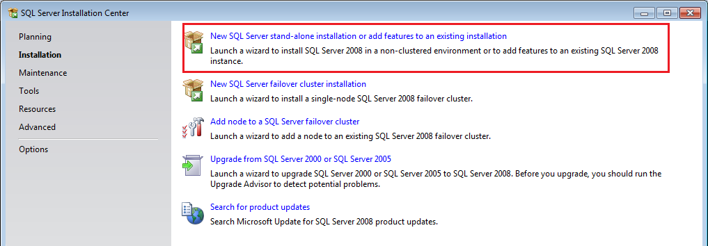 Select New SQL Server stand-alone