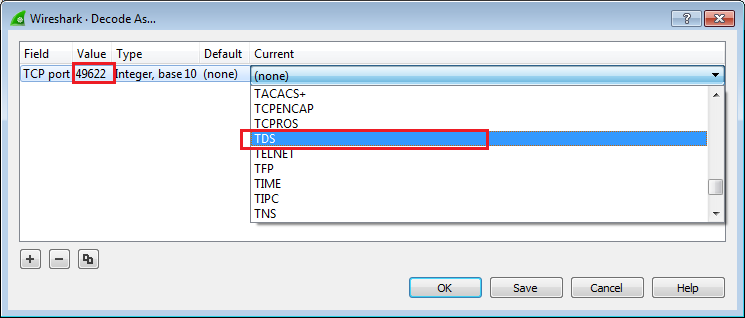 Choosing the TDS dissector for MSSQL traffic