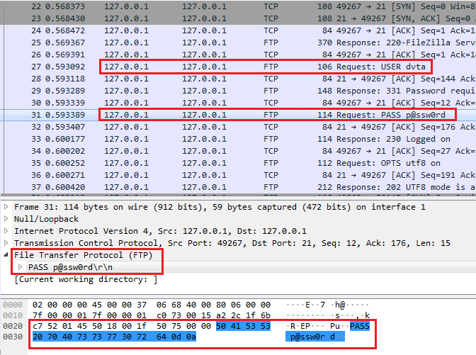 FTP traffic and password displayed in Wireshark