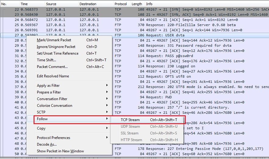 Following the TCP stream in Wireshark