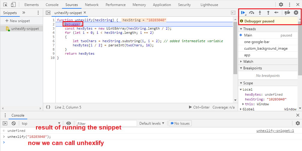 Debugging the snippet