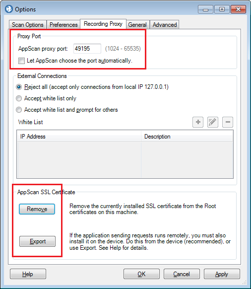 Appscan recording proxy settings