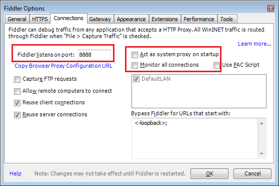 Fiddler Options Connections tab